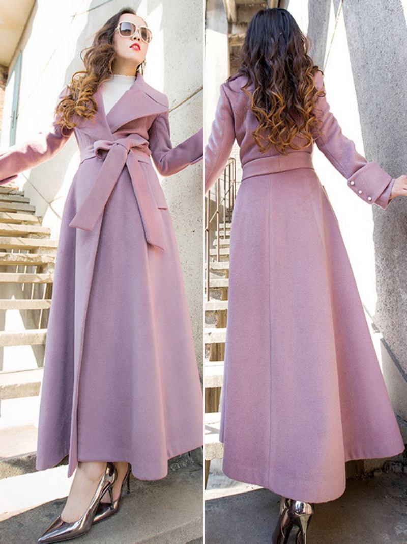 Vuneni Kaput Ženska Gornja Odjeća Za Zimu S Urezanim Reverom I Remenom - Cameo Pink