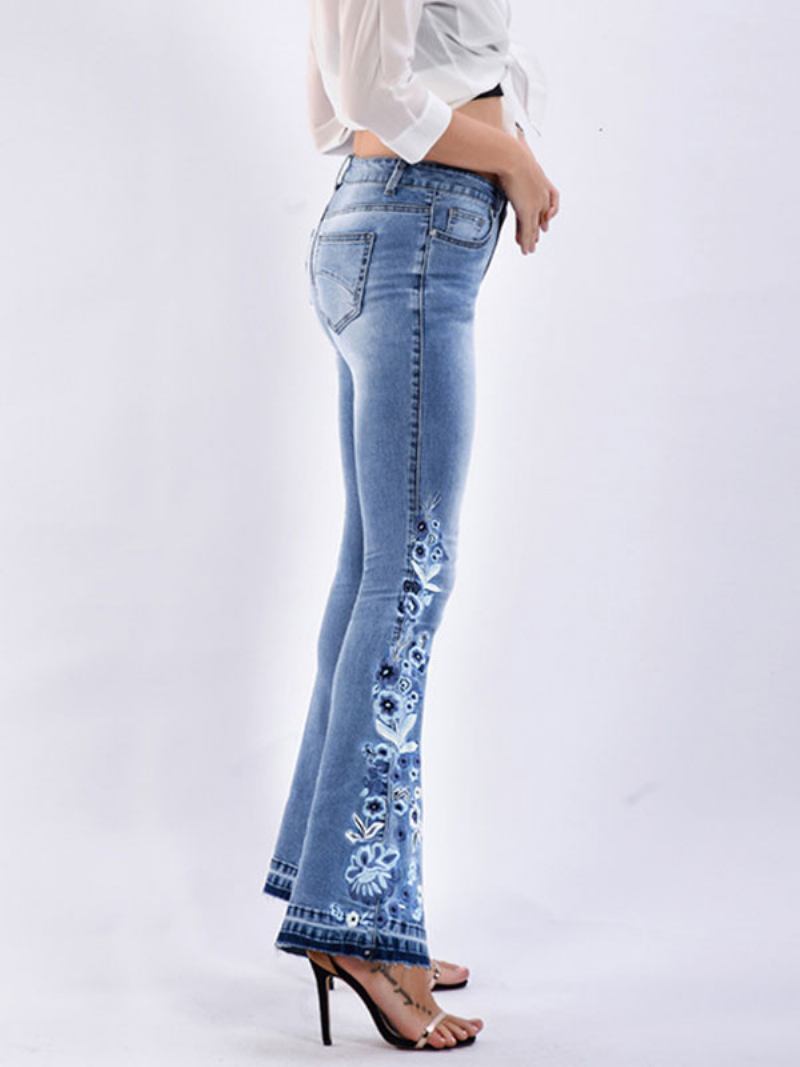 Bootcut Traperice Za Žene Vintage Izvezeni Srednje Visoki Široki Donji Dio. - Plava