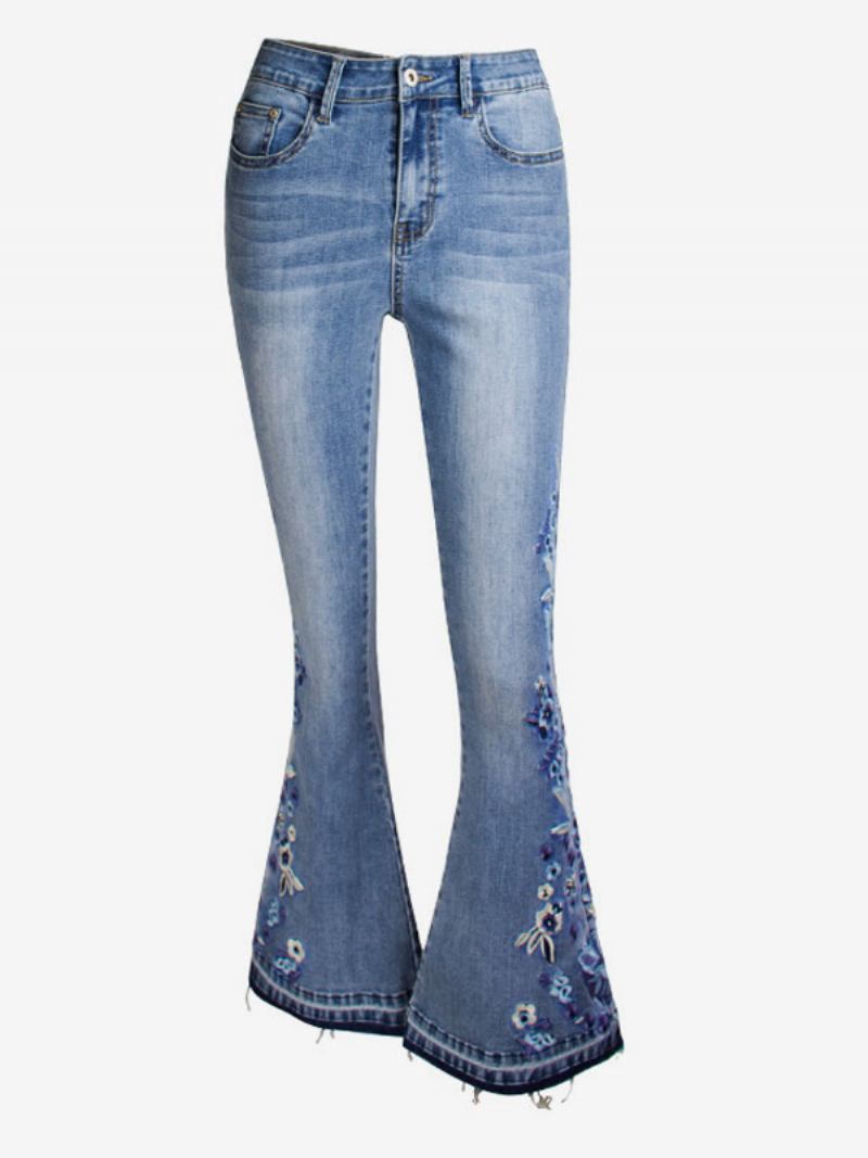 Bootcut Traperice Za Žene Vintage Izvezeni Srednje Visoki Široki Donji Dio. - Plava