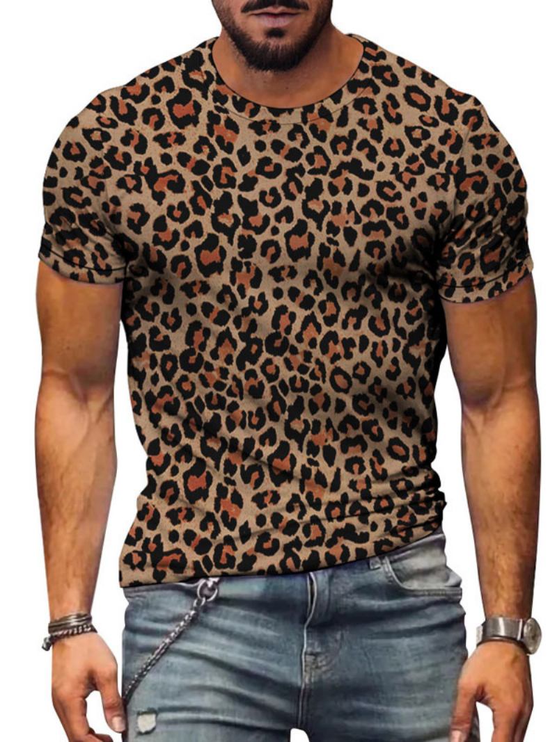 Muške Majice Kratkih Rukava S Leopard Printom Draguljastim Izrezom I Kratkim Rukavima - Kava Smeđa