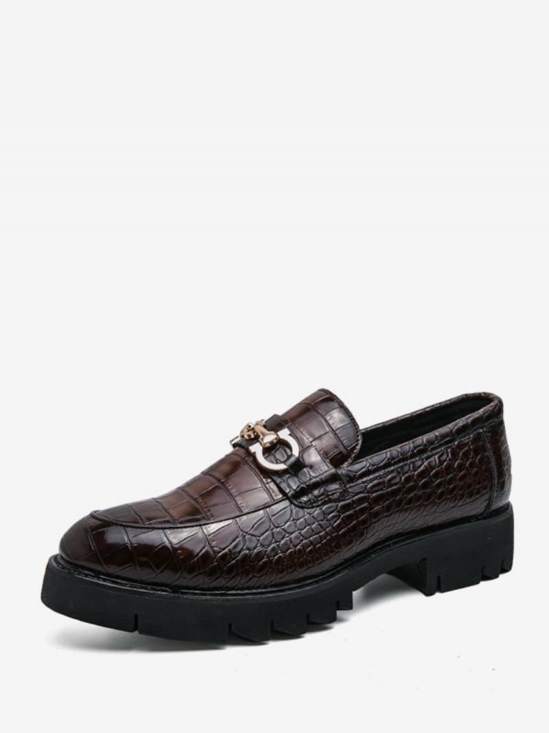 Loafer Cipele Za Muškarce Natikače S Metalnim Detaljima Sa Zmijskim Printom Okruglim Prstima Od Pu Kože - Kava Smeđa