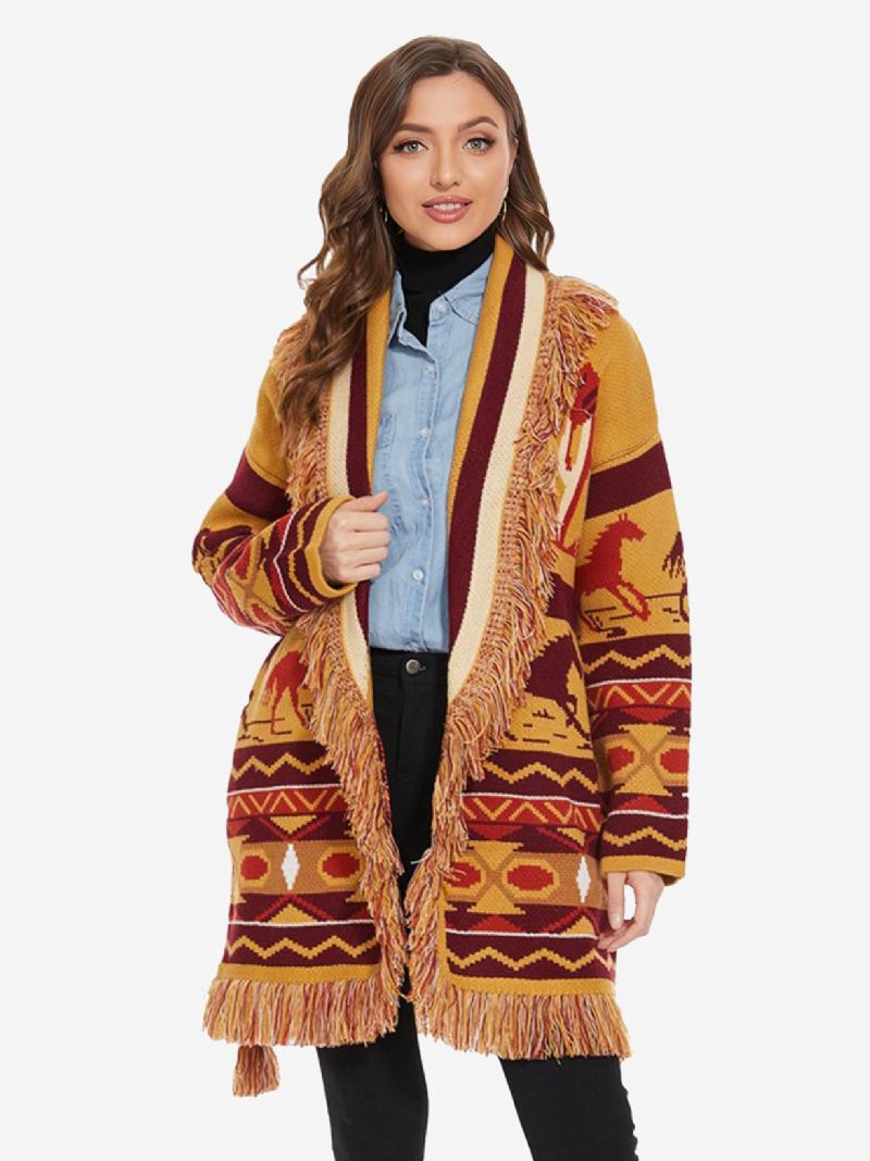 Boho Pulover Od Vune Mješavine S Remenom I Resicama Jacquard Kardiganima