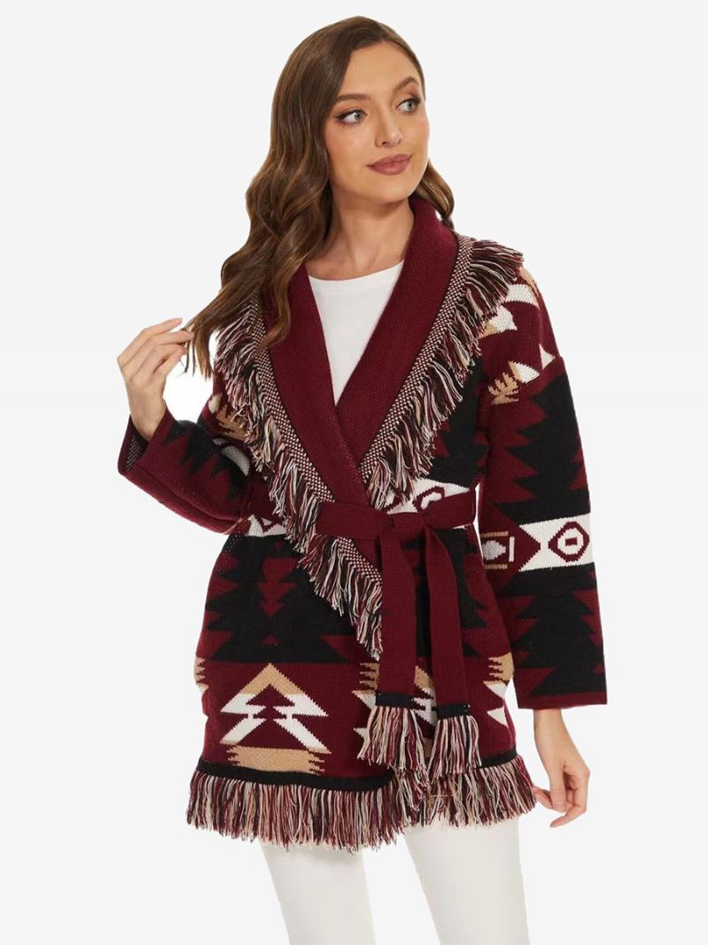 Boho Pulover S Remenom Od Mješavine Vune Ženski Jacquard Kardigan Geometrijskim Ukrasima Resicama