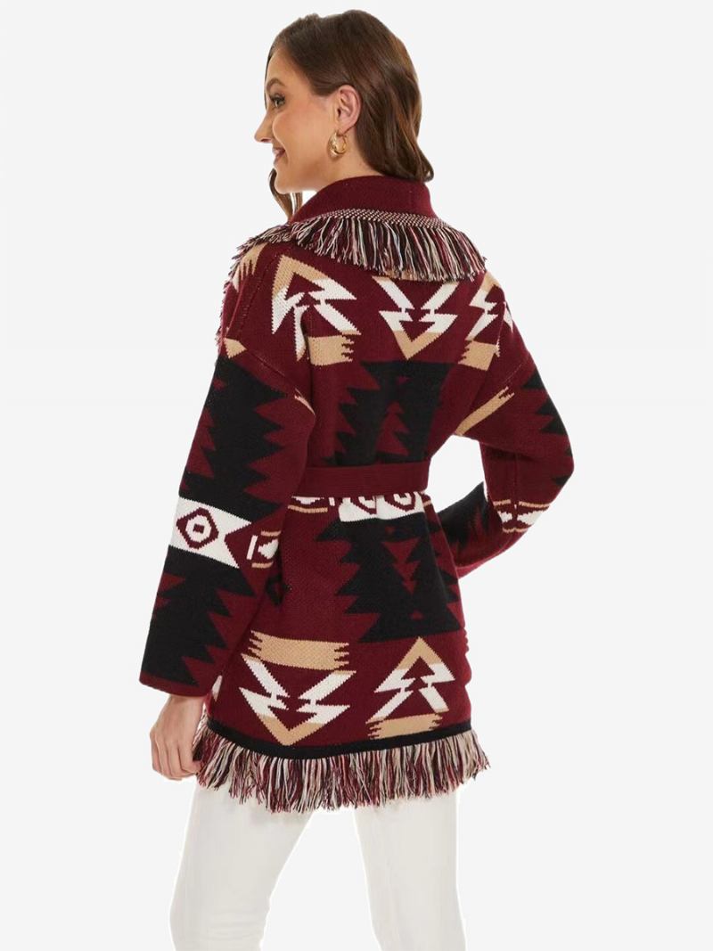Boho Pulover S Remenom Od Mješavine Vune Ženski Jacquard Kardigan Geometrijskim Ukrasima Resicama - Bordo