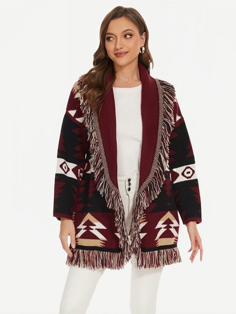 Boho Pulover S Remenom Od Mješavine Vune Ženski Jacquard Kardigan Geometrijskim Ukrasima Resicama - Bordo