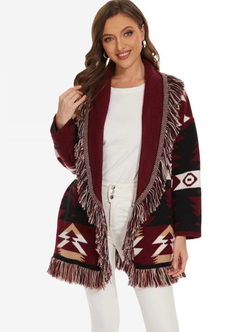 Boho Pulover S Remenom Od Mješavine Vune Ženski Jacquard Kardigan Geometrijskim Ukrasima Resicama - Bordo