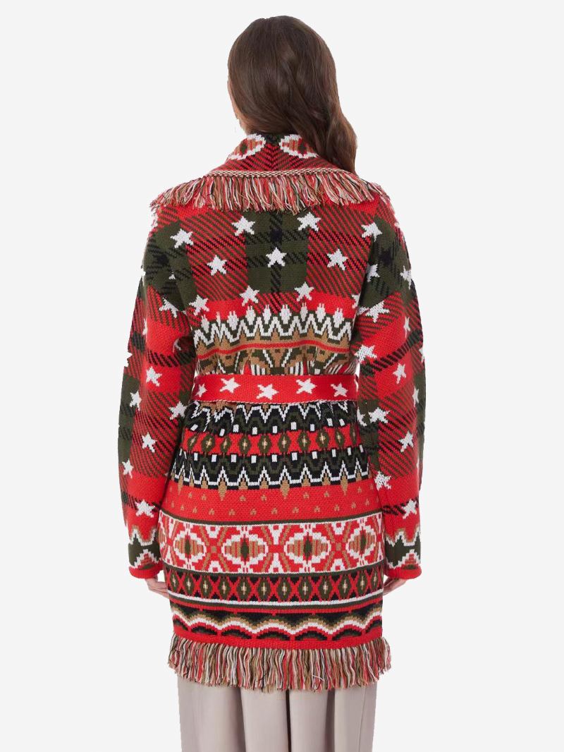 Ženski Crveni Jacquard Kardigan S Geometrijskim Ukrasima Resicama Boho Pulover Remenom Od Mješavine Vune - Crvena