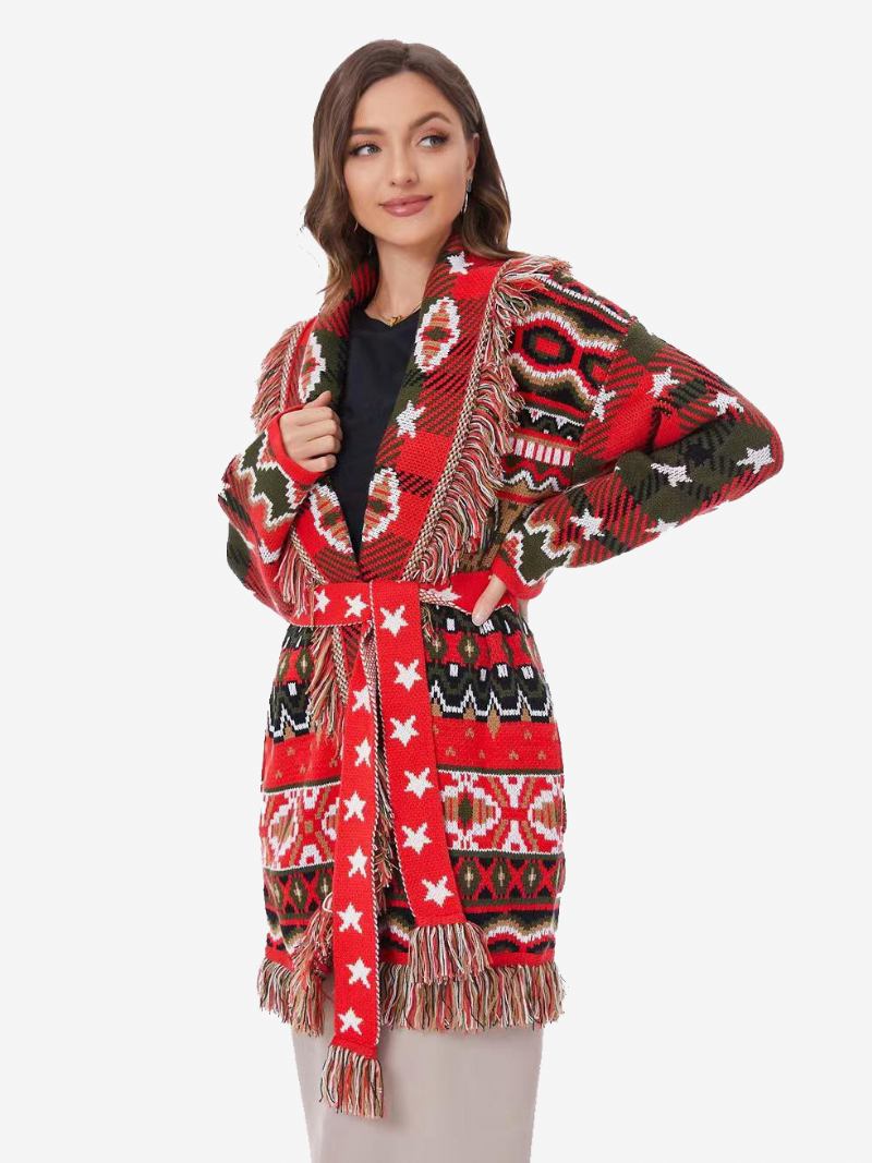 Ženski Crveni Jacquard Kardigan S Geometrijskim Ukrasima Resicama Boho Pulover Remenom Od Mješavine Vune - Crvena