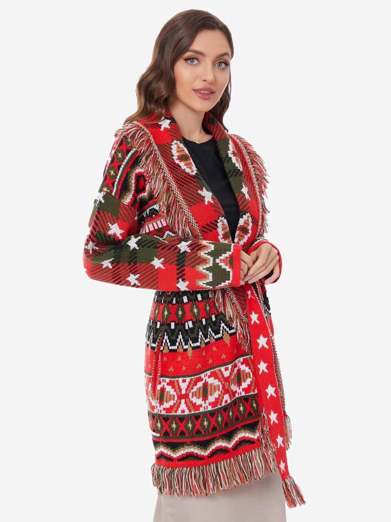 Ženski Crveni Jacquard Kardigan S Geometrijskim Ukrasima Resicama Boho Pulover Remenom Od Mješavine Vune - Crvena