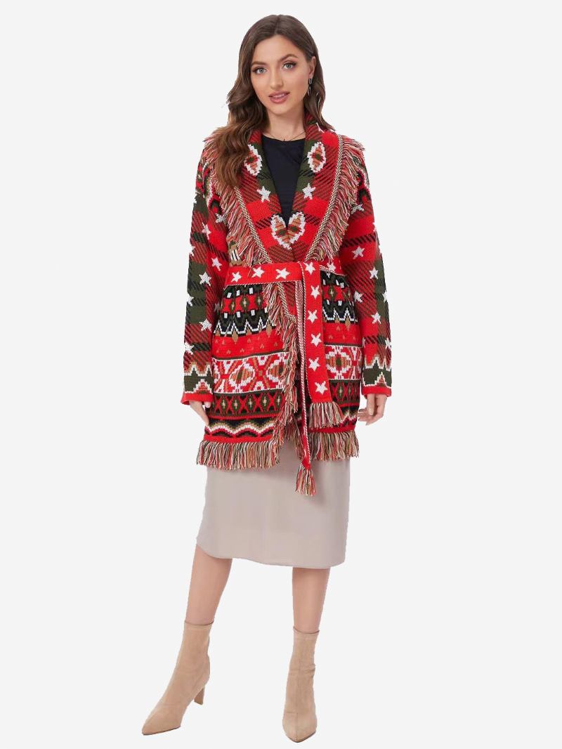 Ženski Crveni Jacquard Kardigan S Geometrijskim Ukrasima Resicama Boho Pulover Remenom Od Mješavine Vune - Crvena