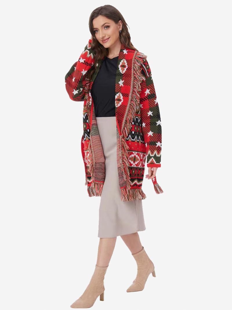 Ženski Crveni Jacquard Kardigan S Geometrijskim Ukrasima Resicama Boho Pulover Remenom Od Mješavine Vune - Crvena