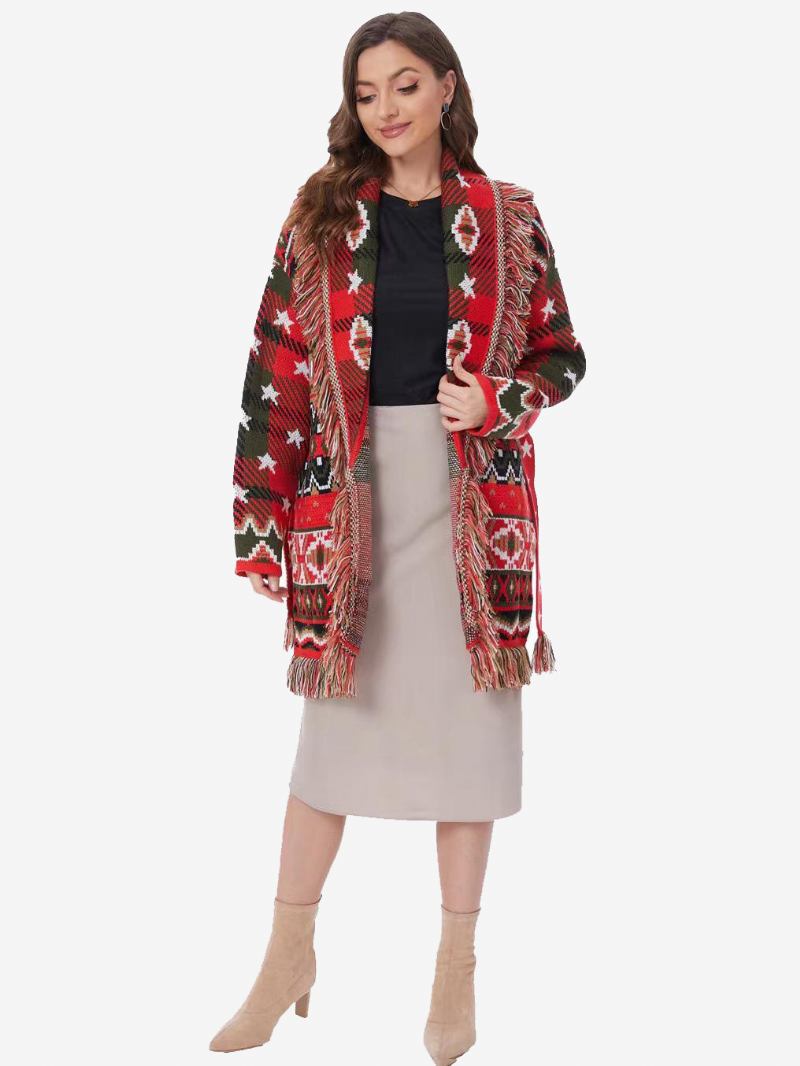 Ženski Crveni Jacquard Kardigan S Geometrijskim Ukrasima Resicama Boho Pulover Remenom Od Mješavine Vune - Crvena