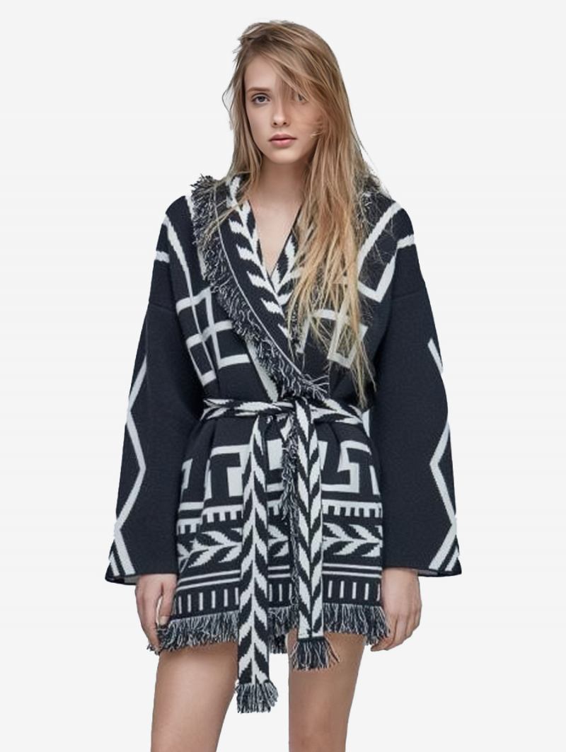 Ženski Džemper Od Jacquard Kardigana S Resicama Pojasom Inspiriran Geometrijom Mješavine Vune