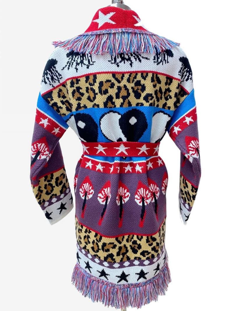 Ženski Jacquard Kardigani Aztec Boho Džemper S Resicama Remenom Od Mješavine Vune - Crveno