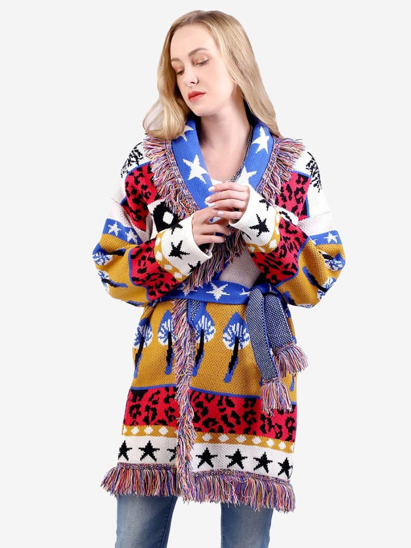 Ženski Jacquard Kardigani Aztec Boho Džemper S Resicama Remenom Od Mješavine Vune - Plavo