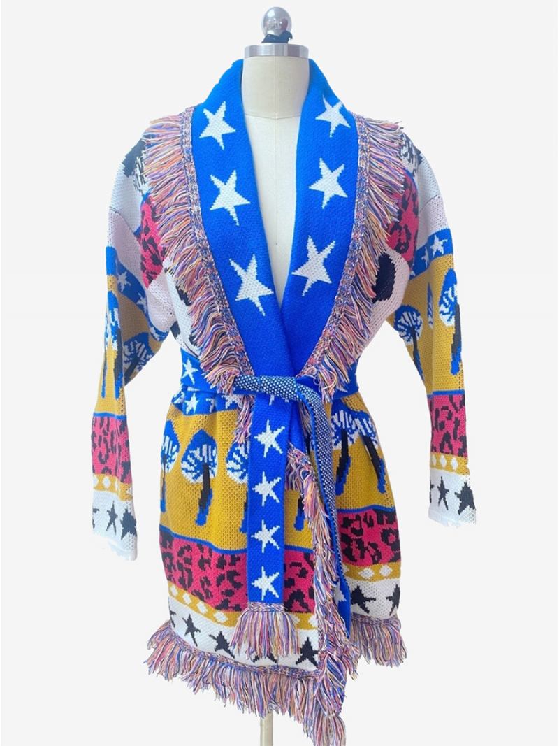 Ženski Jacquard Kardigani Aztec Boho Džemper S Resicama Remenom Od Mješavine Vune - Plavo