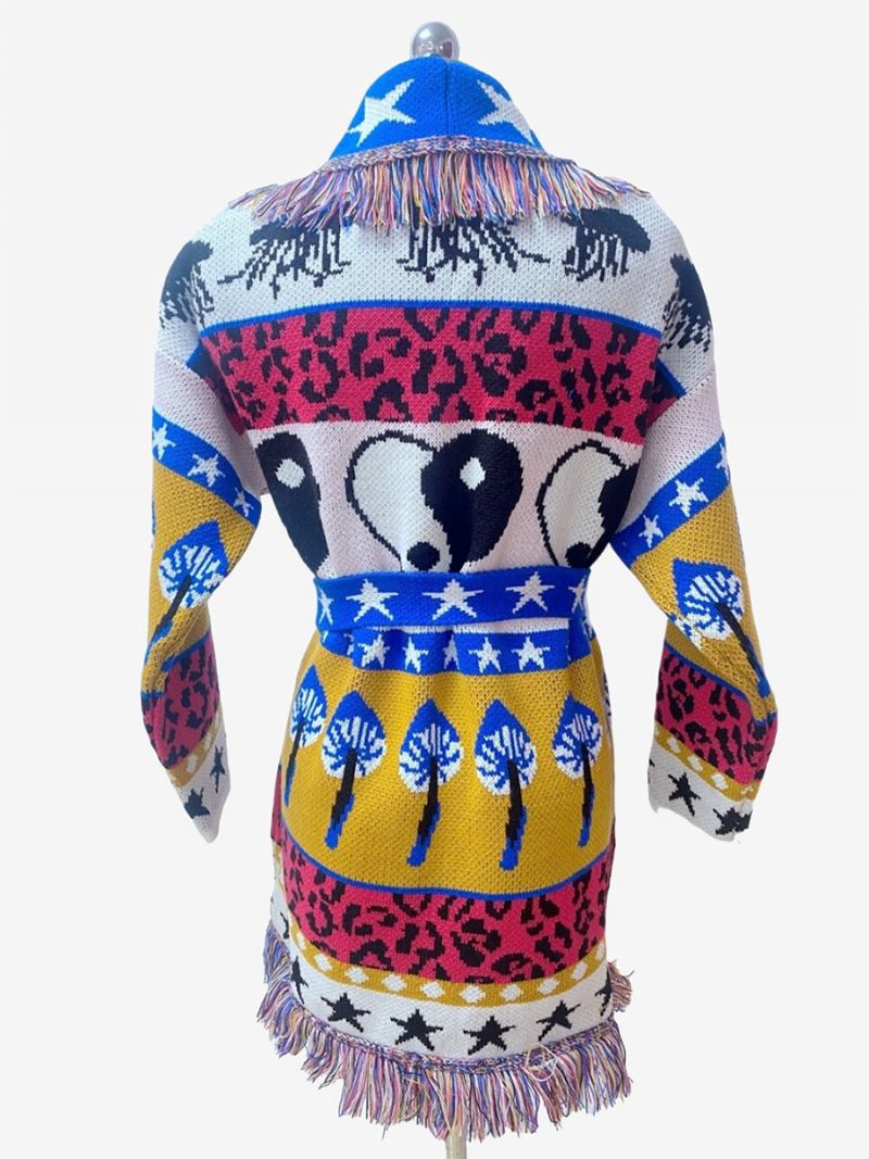 Ženski Jacquard Kardigani Aztec Boho Džemper S Resicama Remenom Od Mješavine Vune - Plavo