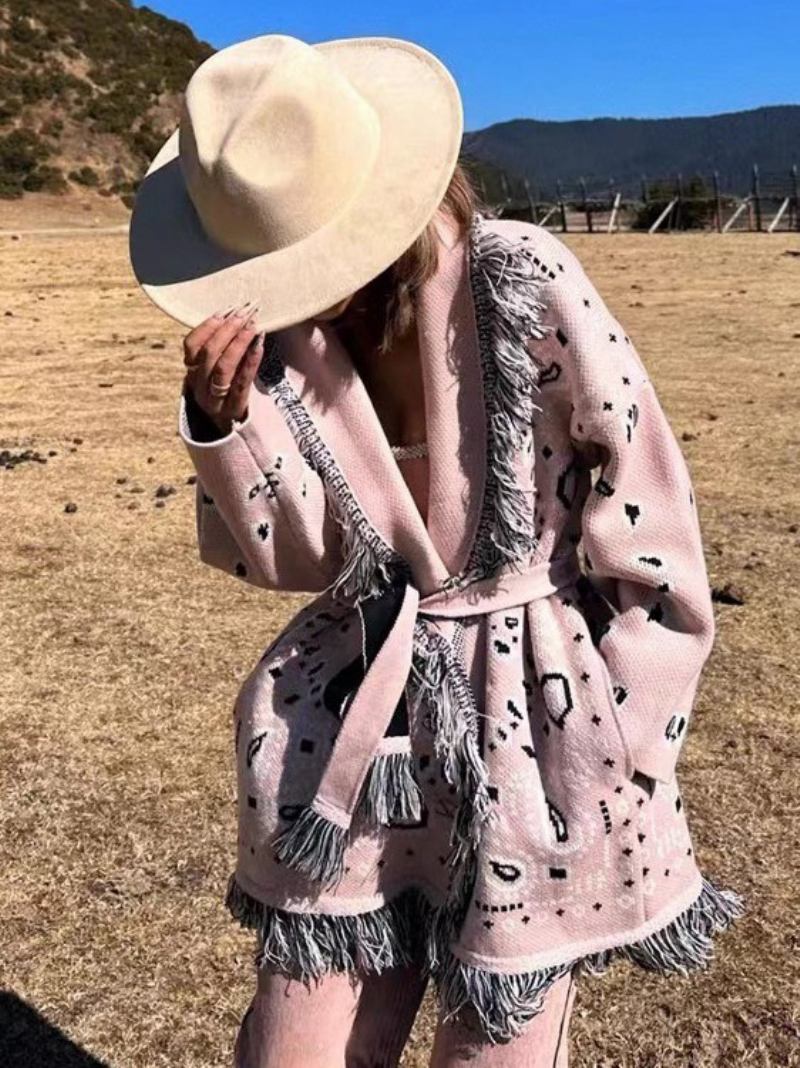 Ženski Jacquard Kardigani Boho Džemper S Resicama Inspiriran Paisleyjem Remenom Od Mješavine Vune - Ružičasta