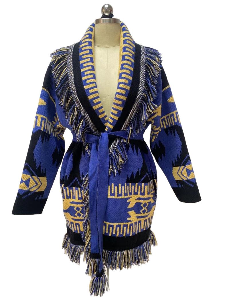 Ženski Tamnoplavi Jacquard Kardigan S Resicama Remenom I Mješavinom Vune Ležeran Pulover - Tamnoplava