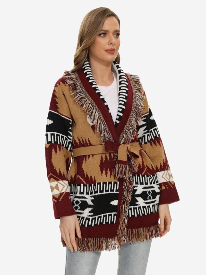 Ženski Tamnoplavi Jacquard Kardigan S Resicama Remenom I Mješavinom Vune Ležeran Pulover - Kava Smeđa