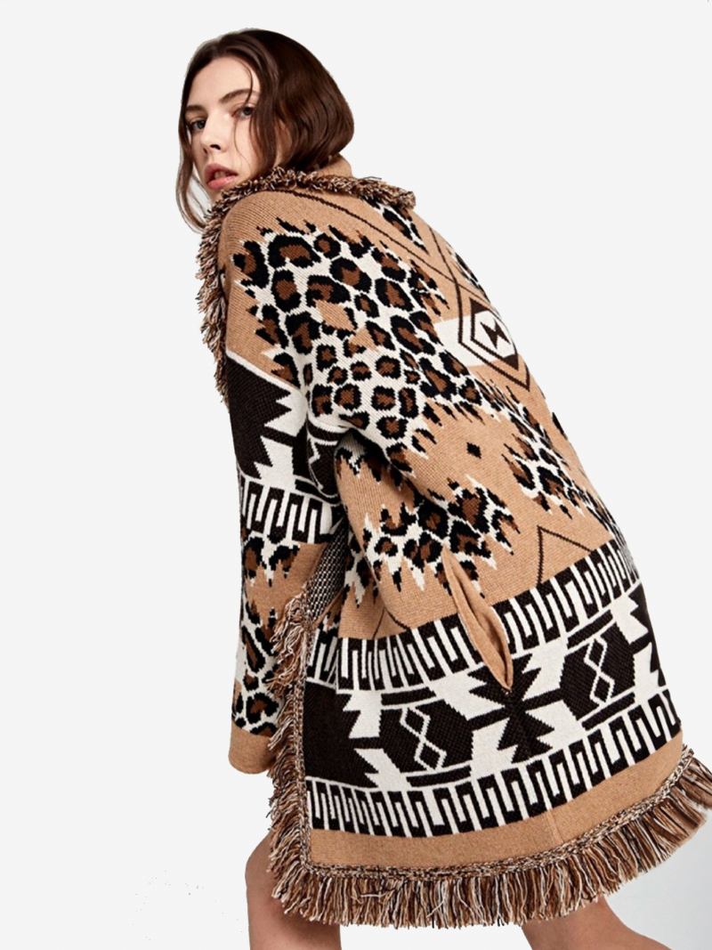 Ženski Tamnoplavi Jacquard Kardigan S Resicama Remenom I Mješavinom Vune Ležeran Pulover - Leopard