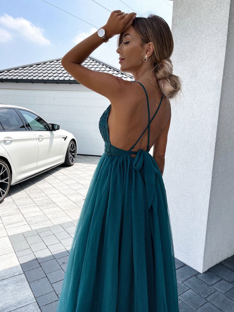 Dugačka Ženska Haljina Za Zabavu S V Izrezom Bez Leđa Podijeljena Zelena Slip A Kroja - Tamno Zelena