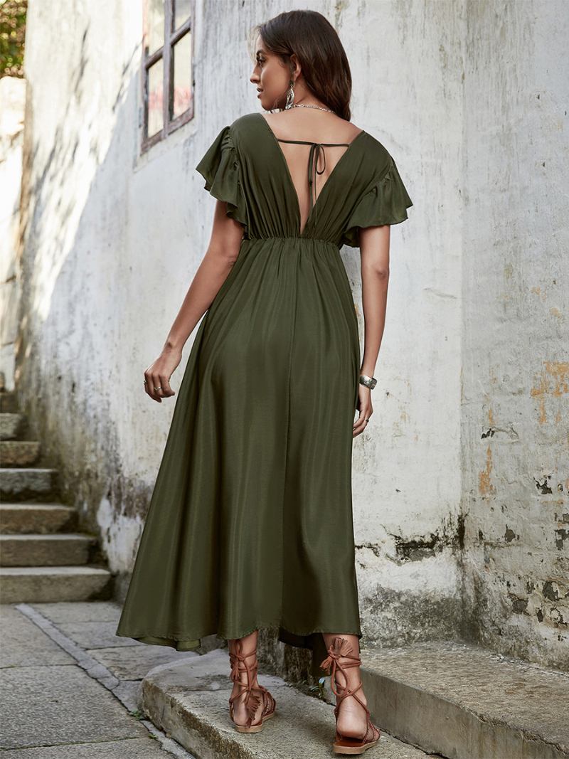 Ženska Boho Haljina S V-izrezom Lepršavim Rukavima Uzicama Za Struk Ležerne Ljetne Maksi Haljine - Hunter Green