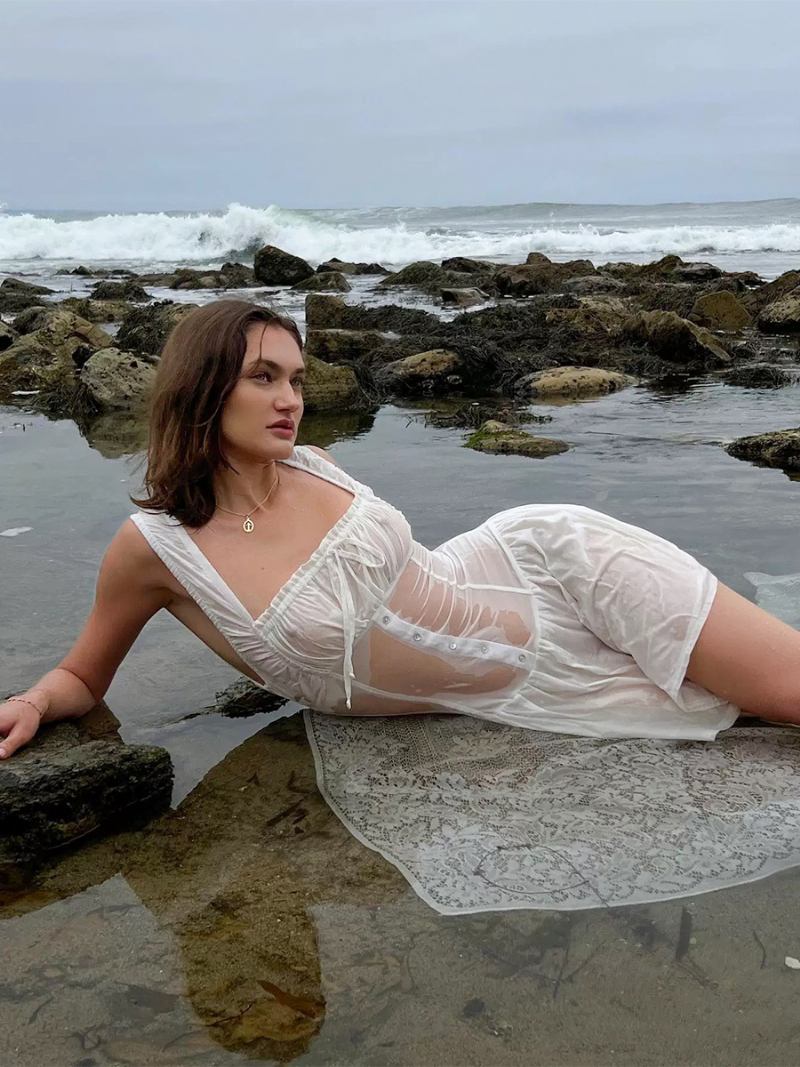 Ženska Ljetna Haljina Mini Haljine Bijele Naramenice Pamučna Za Plažu - Bijela