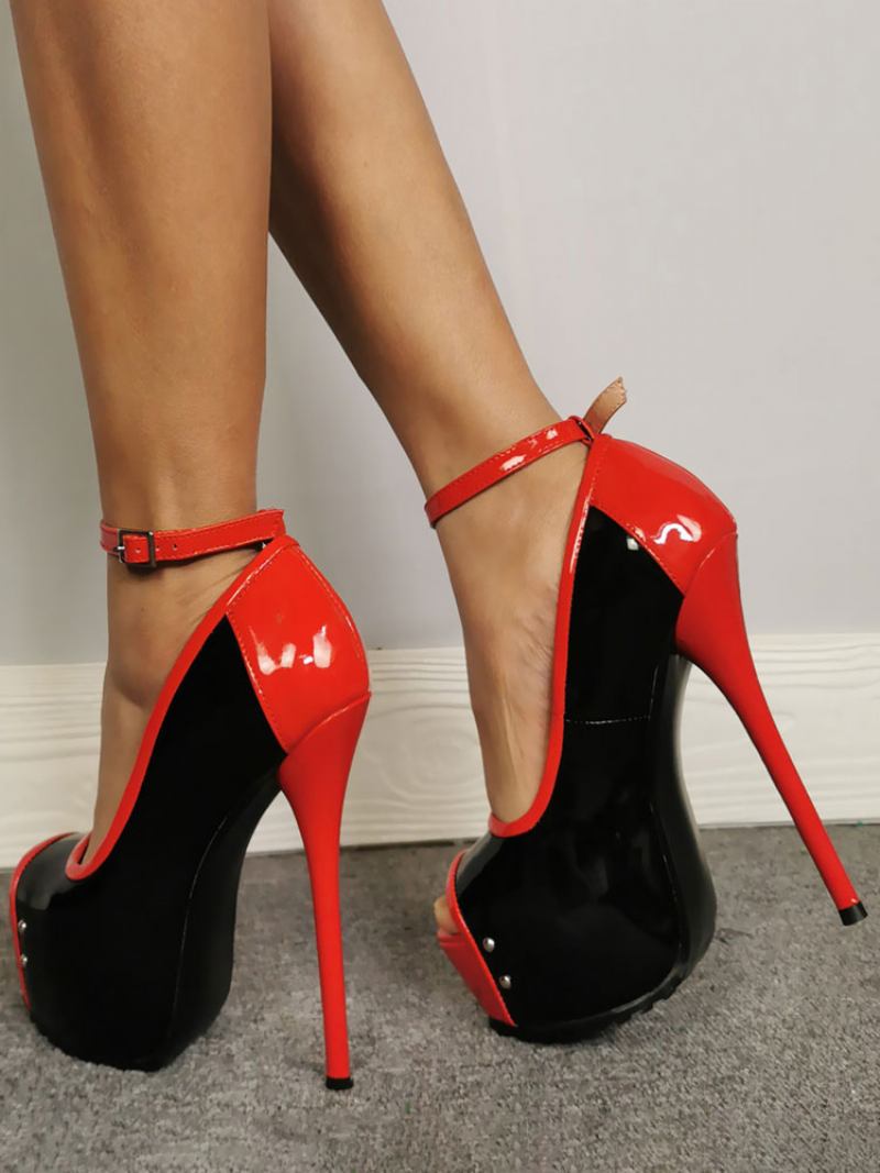 Crne Seksi Cipele Ženske Peep Toe Platforme S Remenom Za Gležnjeve Visokom Petom Ples Na Šipci - Crno