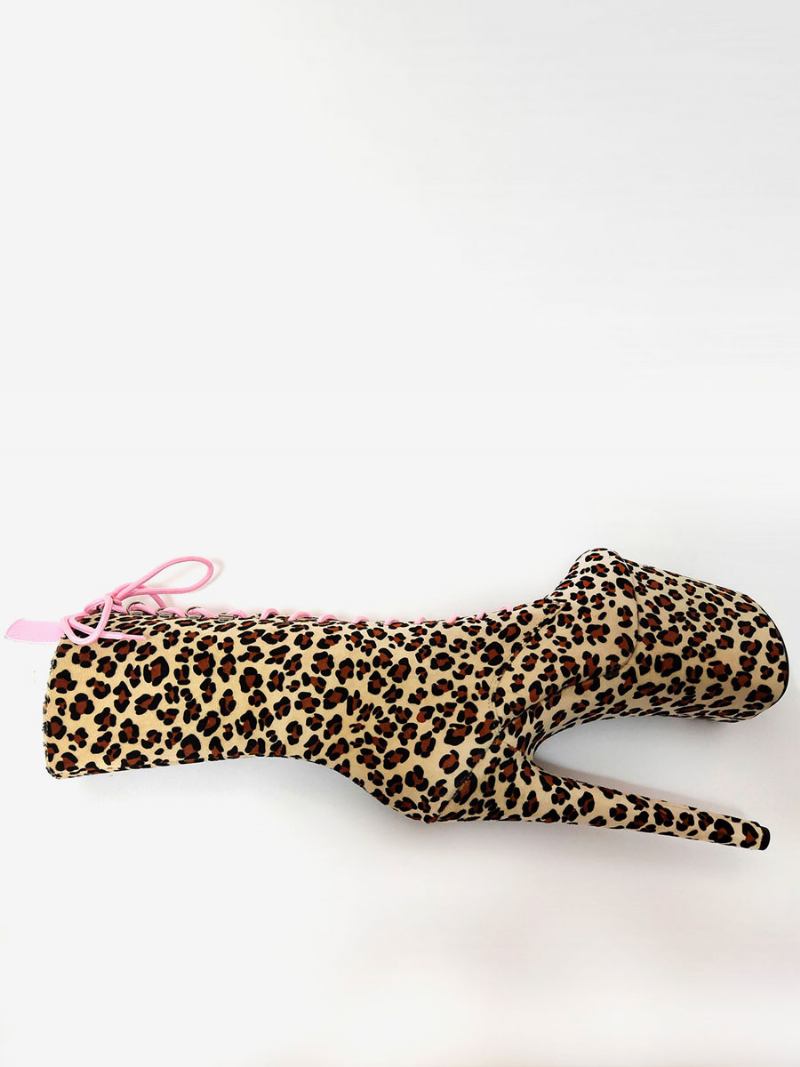 Ženske Seksi Čizme Veće Veličine Leopard Okrugli Prsti Patent Kopča Platforma Visoke Na Vezanje - Kava Smeđa