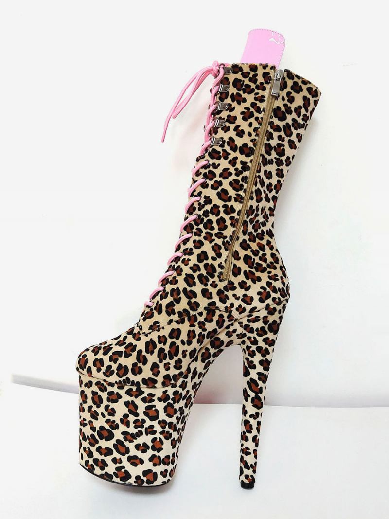 Ženske Seksi Čizme Veće Veličine Leopard Okrugli Prsti Patent Kopča Platforma Visoke Na Vezanje - Kava Smeđa