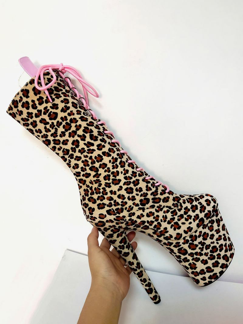 Ženske Seksi Čizme Veće Veličine Leopard Okrugli Prsti Patent Kopča Platforma Visoke Na Vezanje - Kava Smeđa