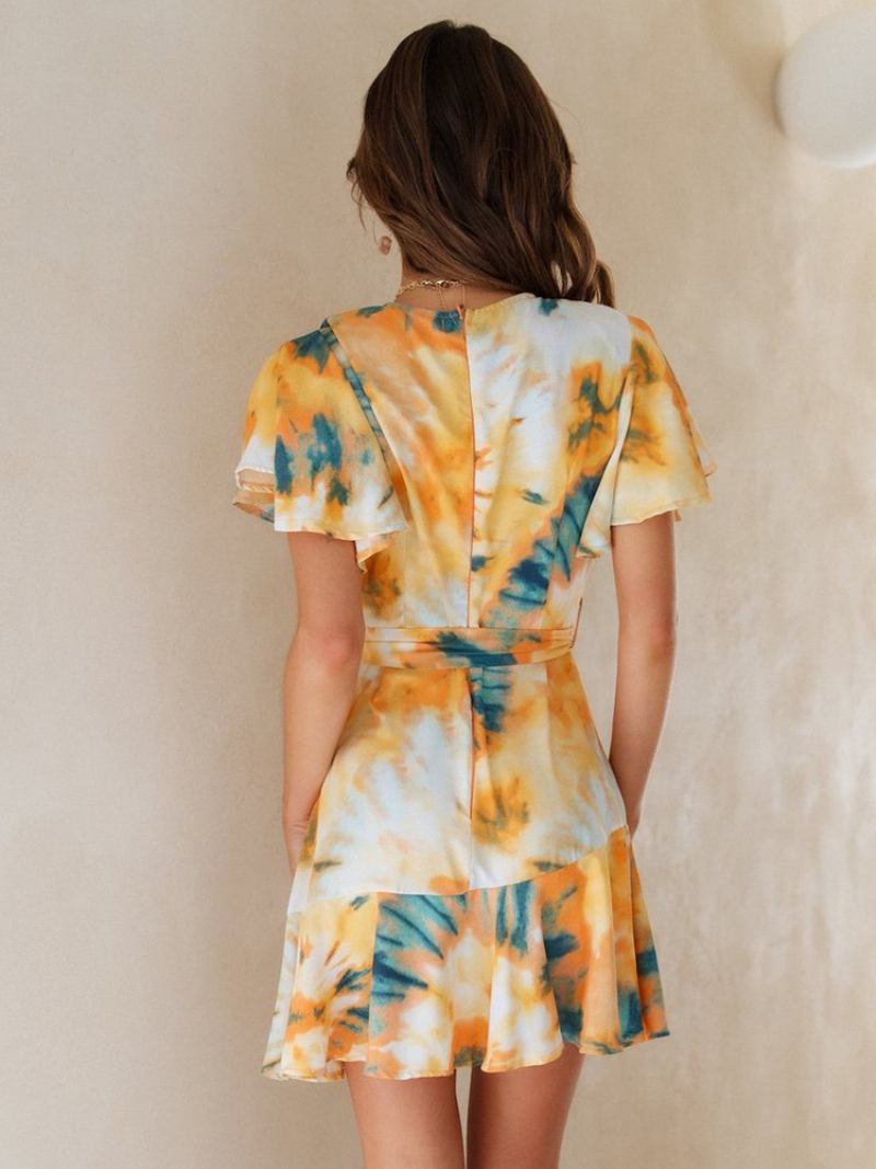 Ženska Tie Dye Haljina S V-izrezom Pojasom Kratkih Rukava Ležerne Ljetne Kratke Haljine - Žuta Boja