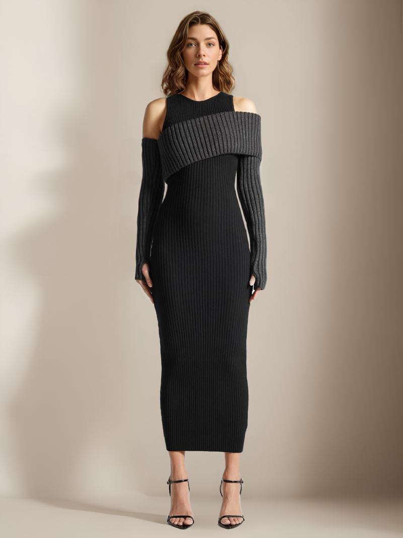 Ženska Pletena Haljina Cold Shouder Transformative Casual Maxi Haljine Na Preklop - Crna