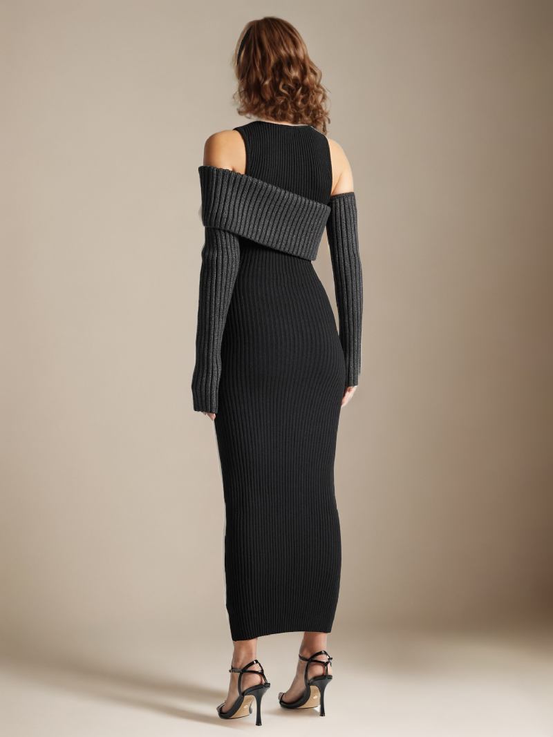 Ženska Pletena Haljina Cold Shouder Transformative Casual Maxi Haljine Na Preklop - Crna