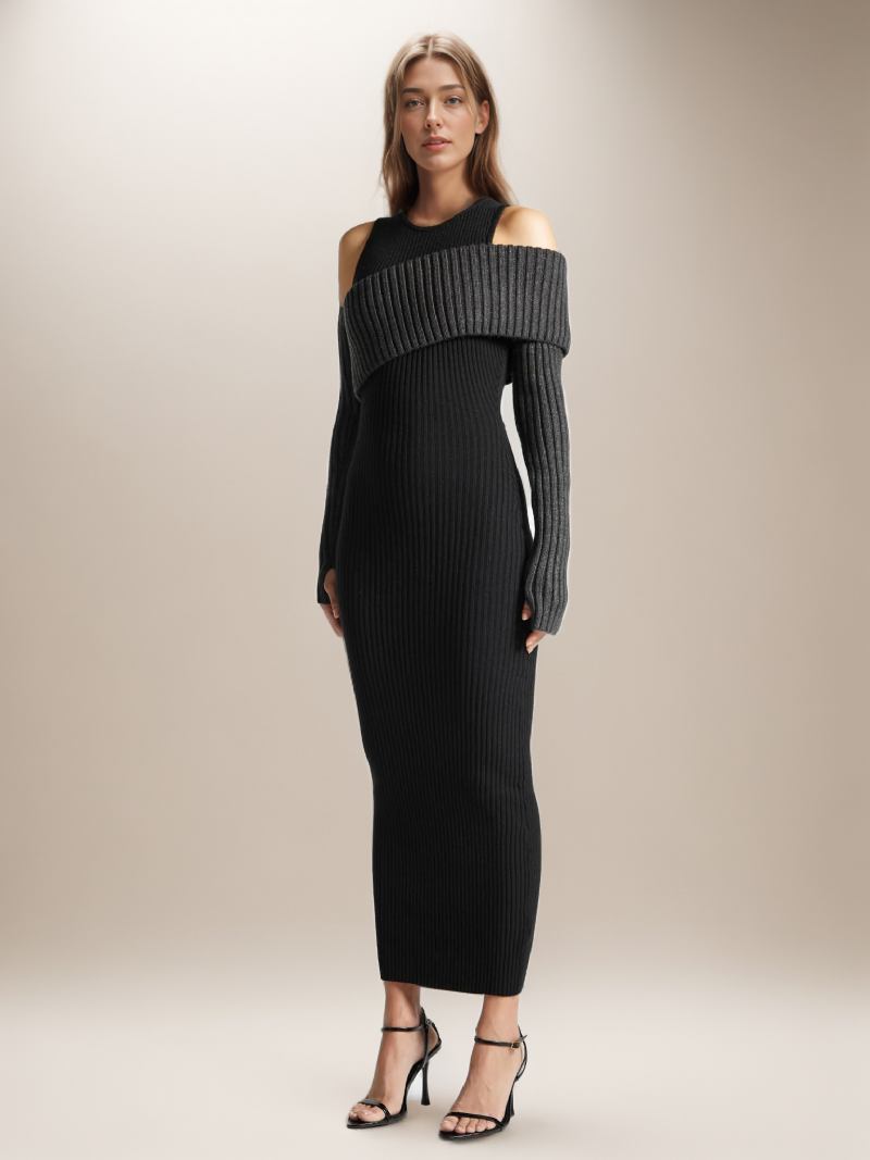 Ženska Pletena Haljina Cold Shouder Transformative Casual Maxi Haljine Na Preklop - Crna