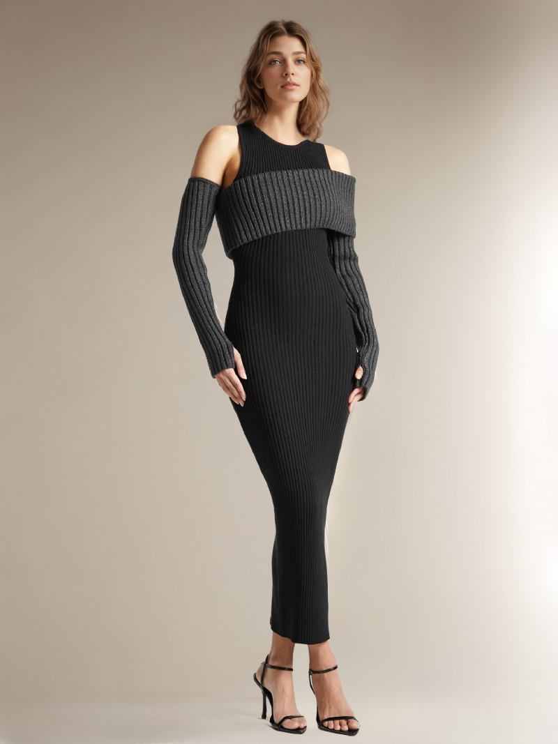 Ženska Pletena Haljina Cold Shouder Transformative Casual Maxi Haljine Na Preklop - Crna