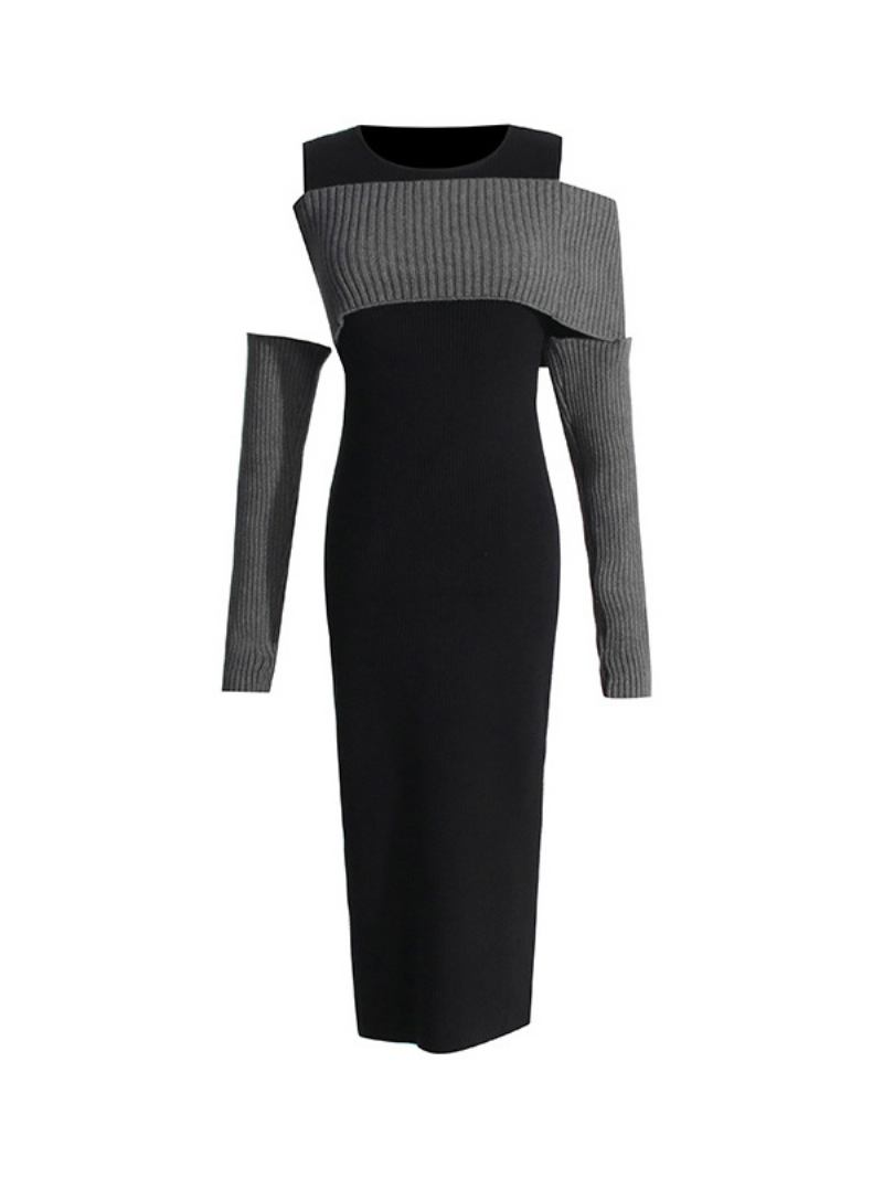 Ženska Pletena Haljina Cold Shouder Transformative Casual Maxi Haljine Na Preklop - Crna