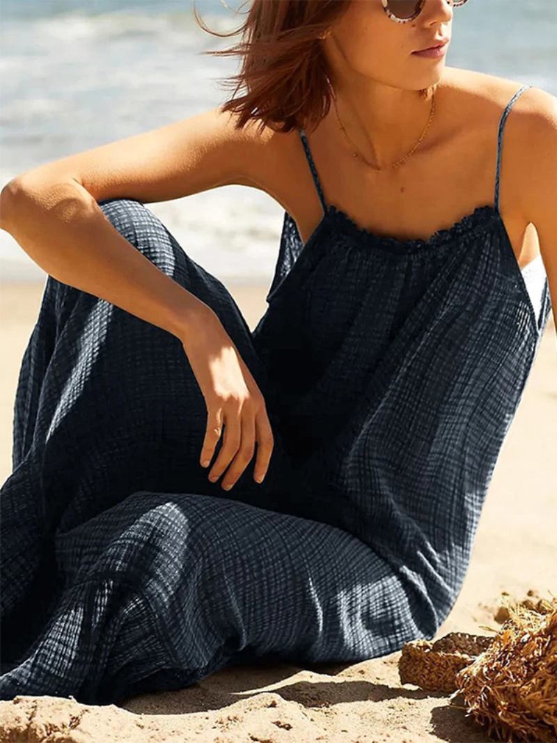 Ženska Boho Haljina S Draguljastim Izrezom Velika Za Plažu Bez Rukava Na Vezanje - Tamnoplava