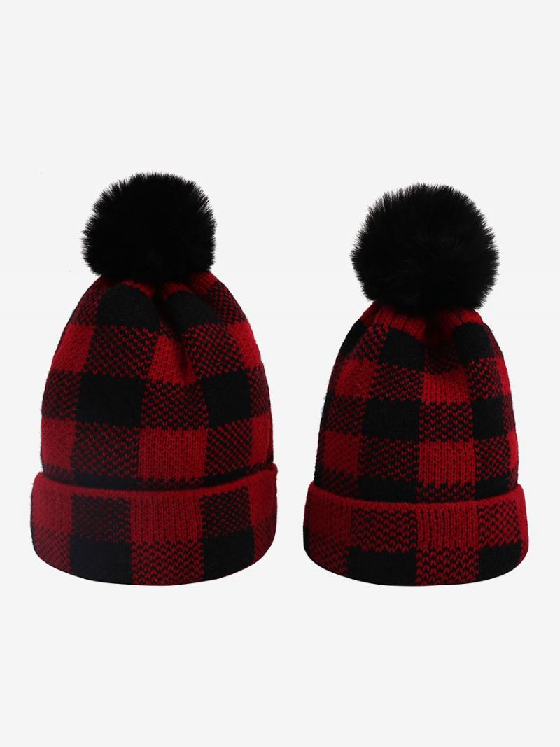 Karirane Kape Pom Poms Heklane Ženske Za Proljeće Jesen Zimu - Bordo