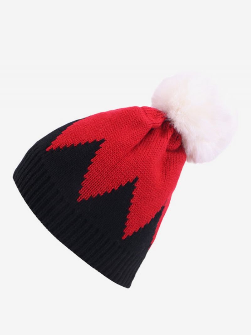 Pletena Kapa Pom Poms Ženske Kape Za Proljeće Jesen Zimu - Crno+Crveno