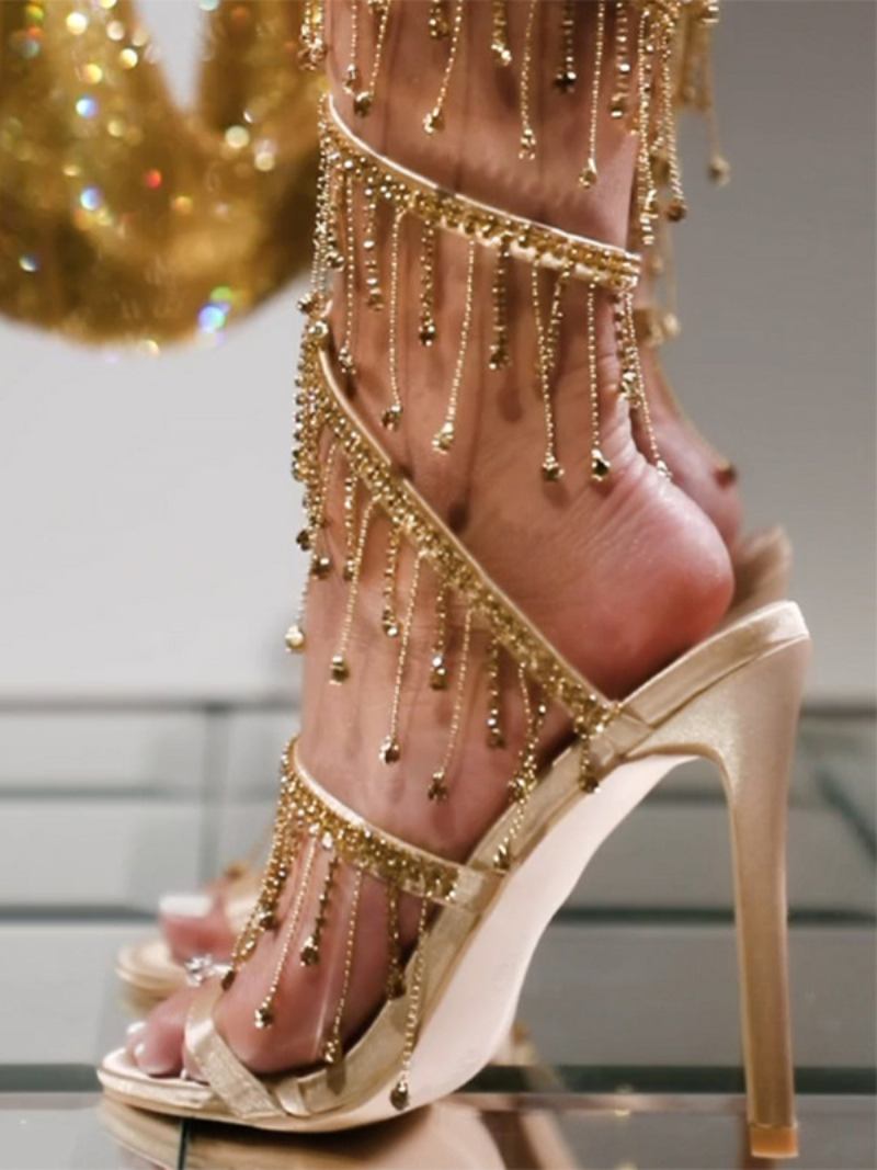 Ženske Sandale Na Petu Od Pu Kože S Okruglim Prstima Stiletto - Zlato