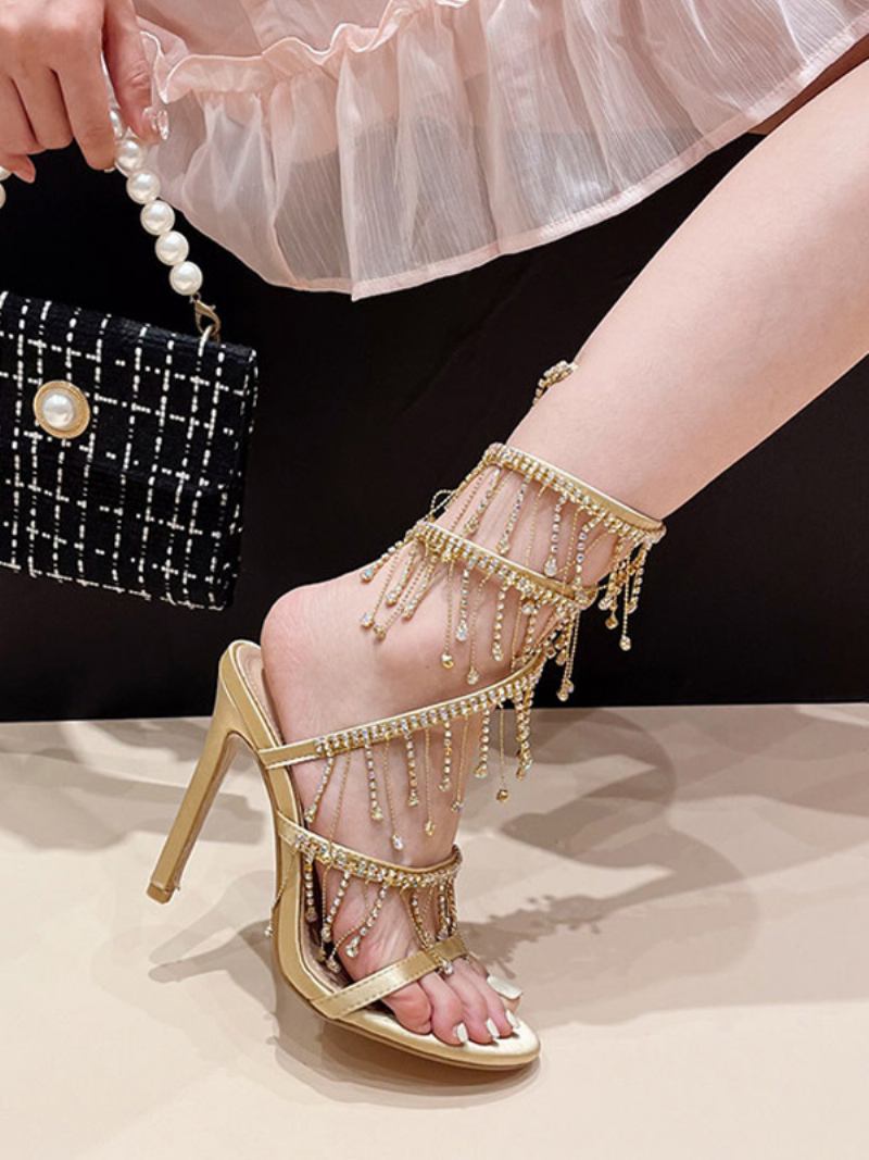 Ženske Sandale Na Petu Od Pu Kože S Okruglim Prstima Stiletto - Zlato