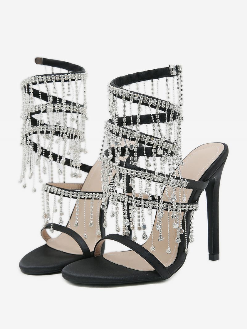 Ženske Sandale Na Petu Od Pu Kože S Okruglim Prstima Stiletto - Crno