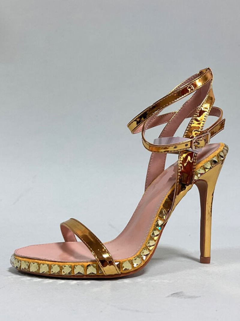 Ženske Sandale Na Petu Od Pu Kože S Okruglim Prstima Stiletto - Zlatna