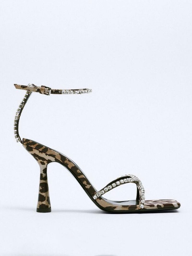 Ženske Sandale Na Petu Od Pu Kože S Otvorenim Prstima Stiletto - Leopard
