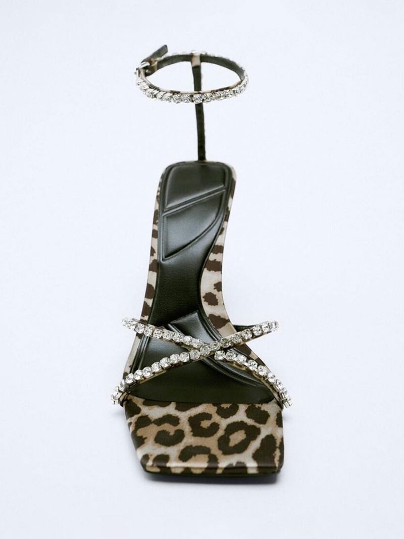 Ženske Sandale Na Petu Od Pu Kože S Otvorenim Prstima Stiletto - Leopard