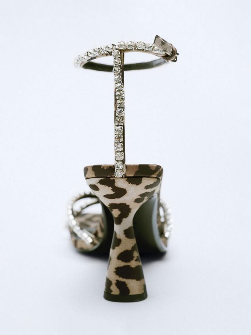 Ženske Sandale Na Petu Od Pu Kože S Otvorenim Prstima Stiletto - Leopard