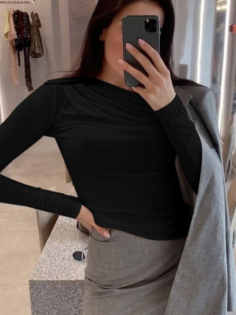 Seksi Višeslojni Gornji Dio Za Žene Plisirana Potkošulja S Draguljastim Izrezom I Dugim Rukavima - Crno