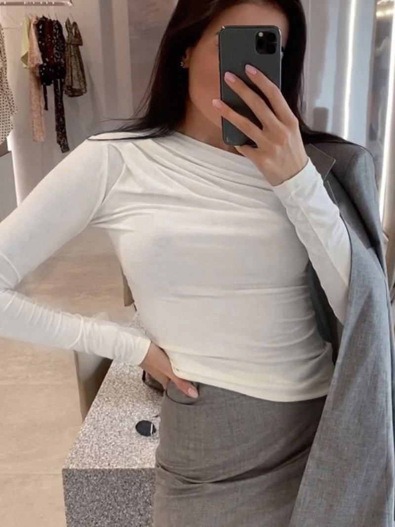 Seksi Višeslojni Gornji Dio Za Žene Plisirana Potkošulja S Draguljastim Izrezom I Dugim Rukavima - Bijelo
